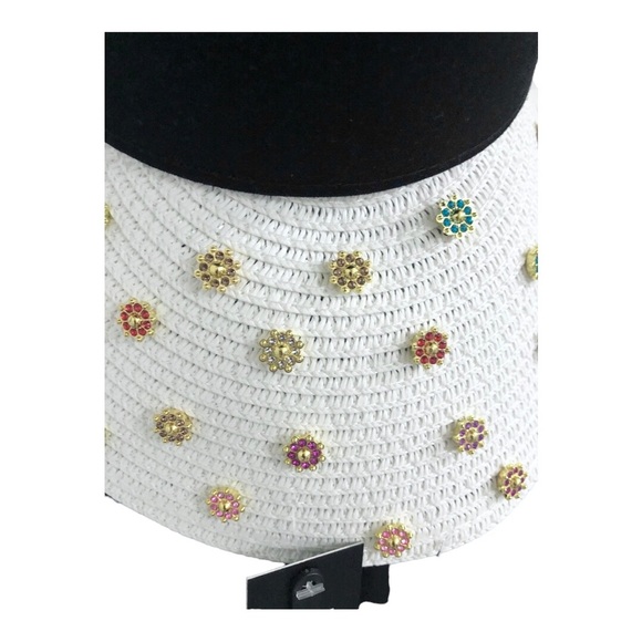 White black bejeweled faux precious‎ stones raffia straw sun visor hat new main image 16